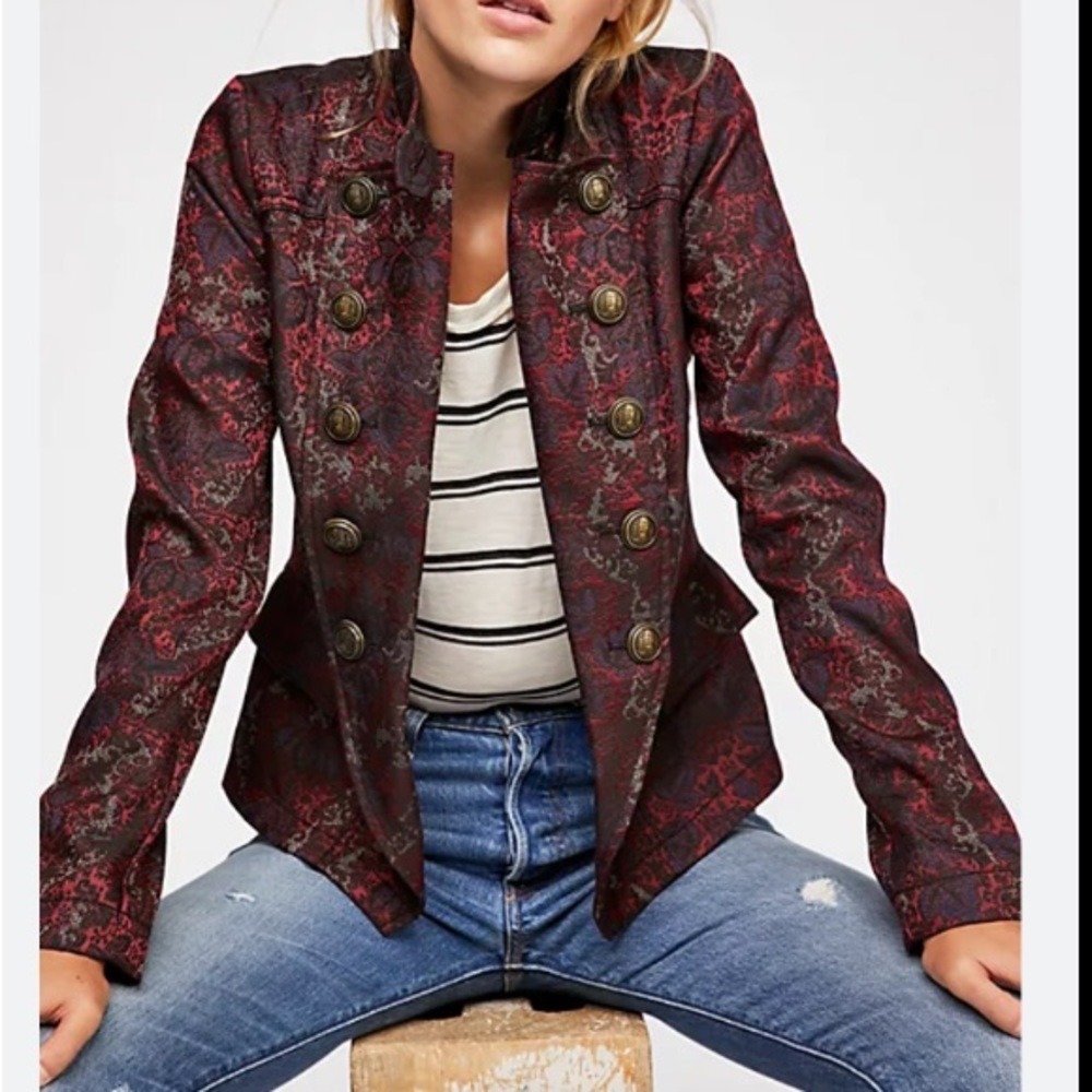 Free People Burgundy Floral Brocade Military Blazer Jacket Metallic Crest Medium - Picture 10 of 11
